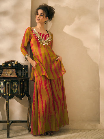 Olive Green Tie- Dye Print Chiffon Deep Neck Kurta With Palazzo And Bustier Indo Western Women 3 Piece Set