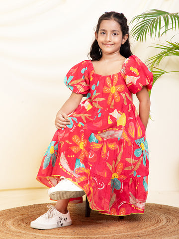 Leaf Printed Tiered Girls Dress