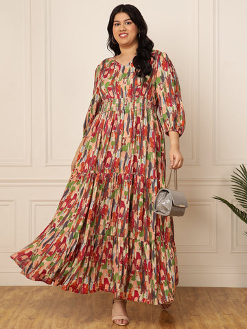 Women's Plus Size Multi-Colour Abstract Printed Tiered Maxi Dress