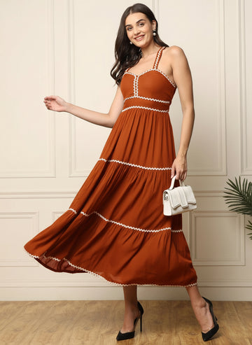 Tan Solid Tiered Women Maxi Dress