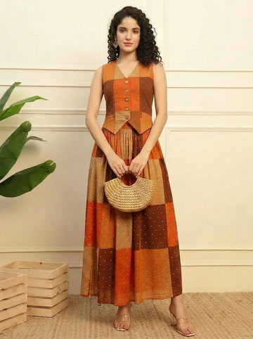 Multicolor Cotton Patch Printed Waistcoat With Skirt Women's Co-Ord Set