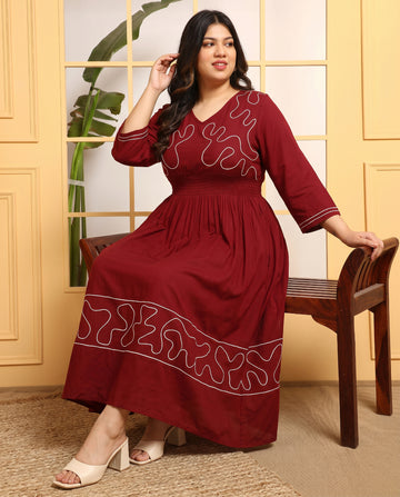 Maroon Solid Rayon Tiered Women Plus Size Shirt Dress