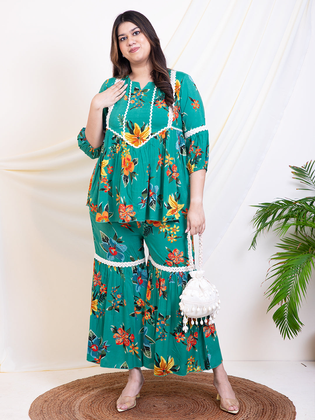 Women's Plus Size Green Floral Printed Peplum Top With Sharara Women Indo Western Co-Ord Sets