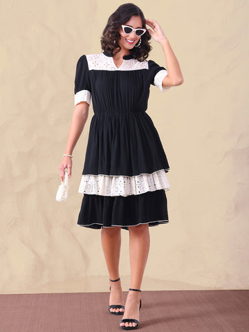 Black Pure Rayon With Embroidered Schiffli Women's Tiered Dress