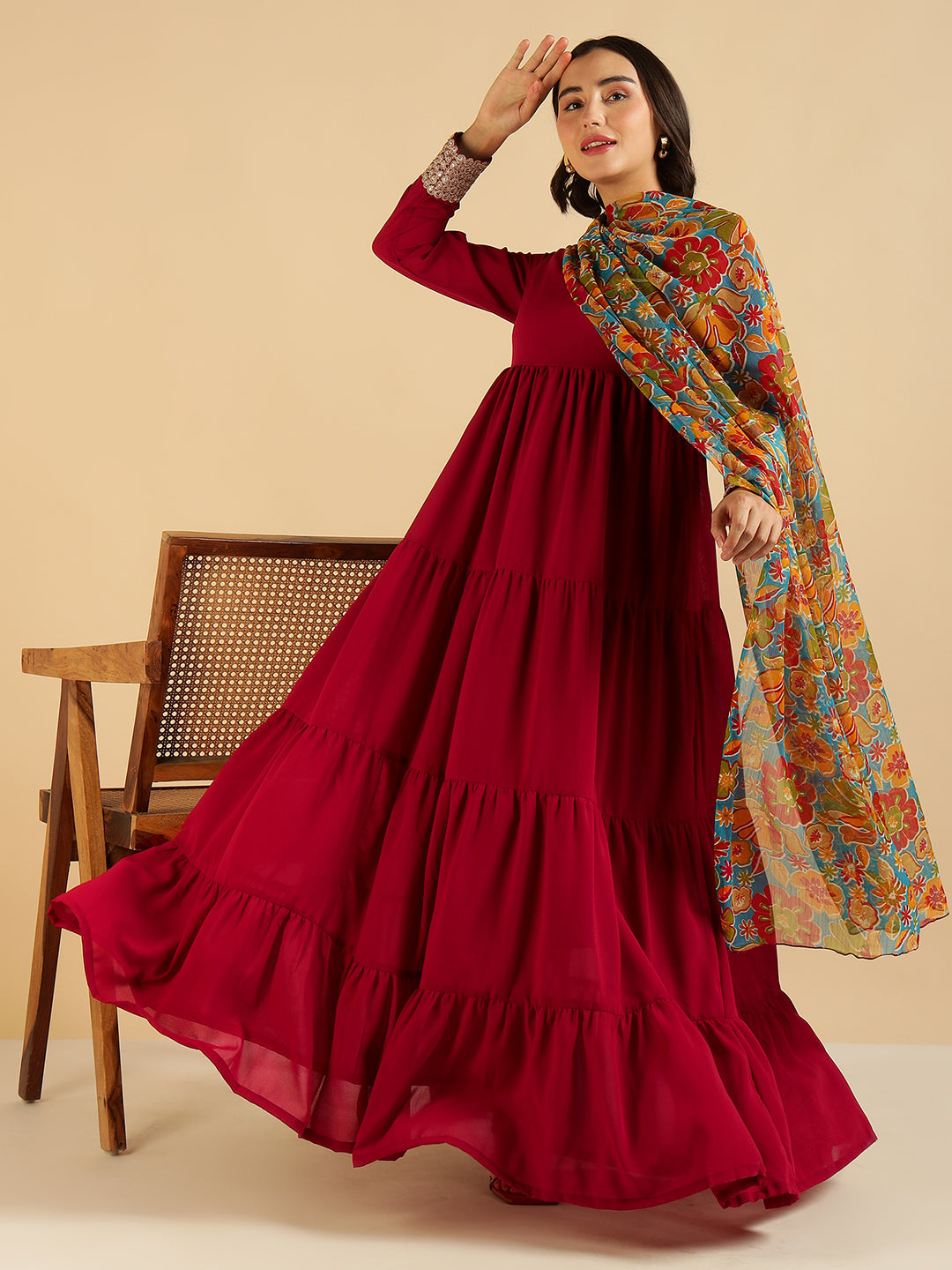 Maroon Tiered Mai Ethnic Kurta With Floral Printed Dupatta Set For Women