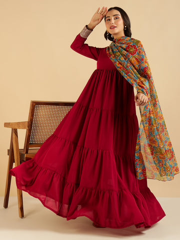 Maroon Tiered Mai Ethnic Kurta With Floral Printed Dupatta Set For Women