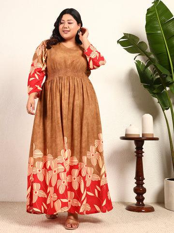 Multi Colour Viscose Rayon Floral Placement Print Smocked A-Line Womens Plus Size Dress