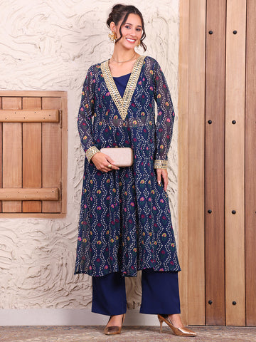 Navy Blue Bandhani Pure Chiffon Kurta With Crop Top & Pants Indo Western Women Set
