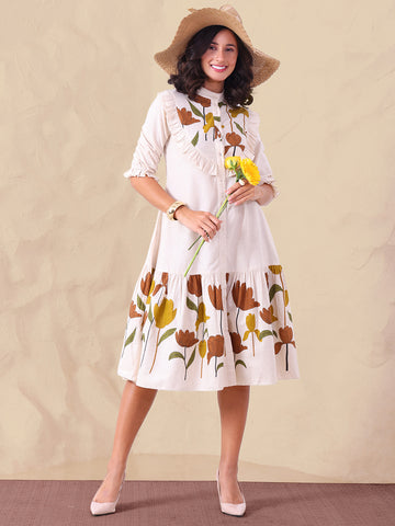 Placement Printed Pure Cotton Women Tiered Shirt Dress