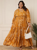Women's Plus Size Mustard Tie & Dye Maxi Tiered Dress