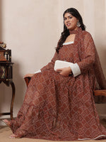 Tan Brown Bandhani Printed Tiered Ethnic Kurta With Dupatta For Women