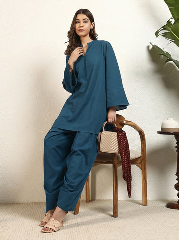 Teal Cotton Flex Solid Mandarin Collar Kurta With Salwar Pant Women Co-Ord Set