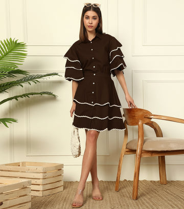 Brown SHIRT WITH SKIRT WOMEN CO-ORD SET