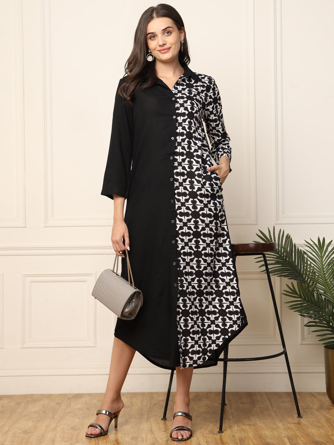 Black With Printed Women Shirt Dress