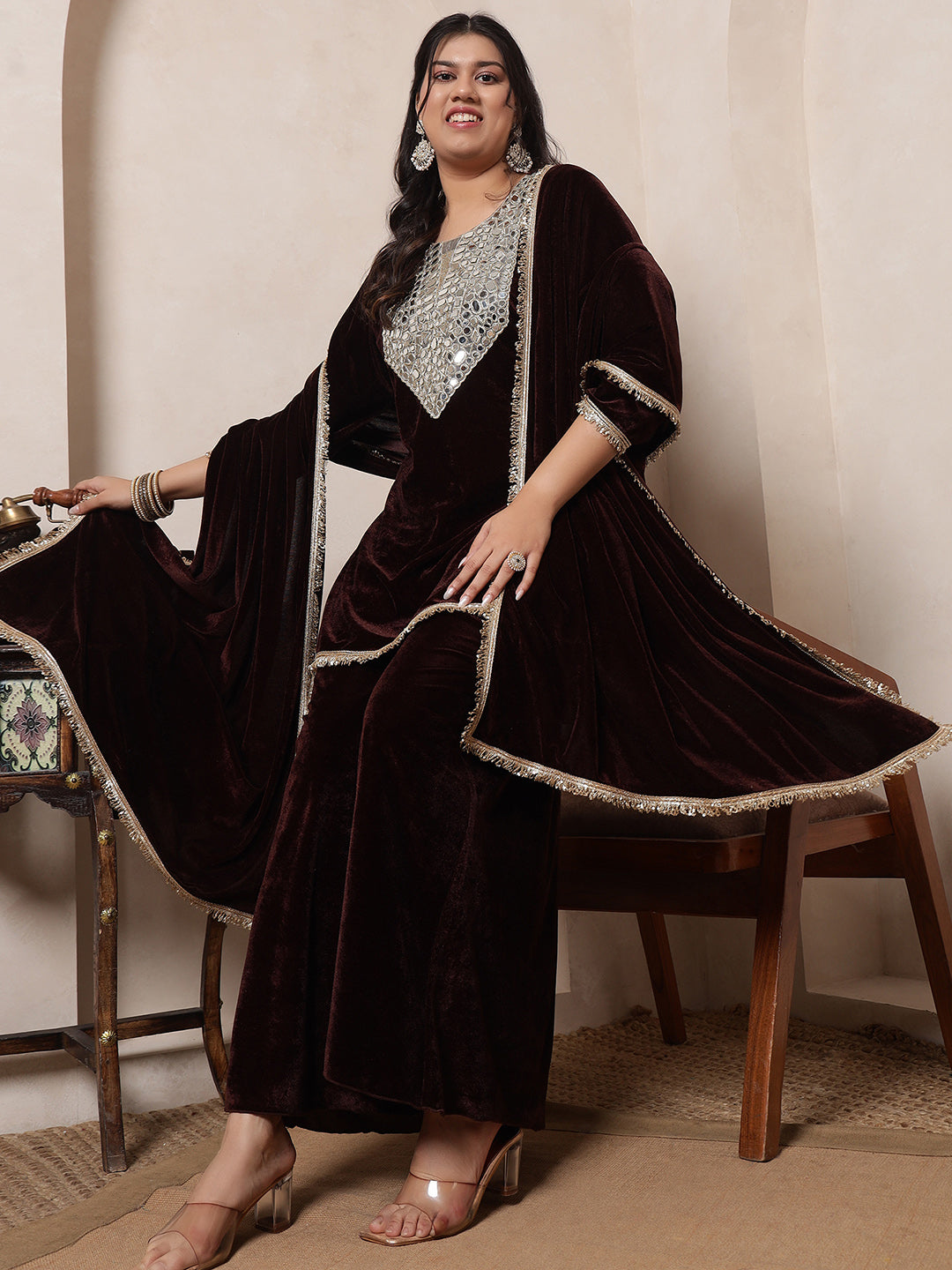 Velvet Brown Kurti Embroidered Neck Patch Sharara With Dupatta Women Indo Western Women Co-Ord Set