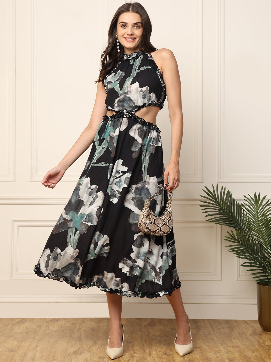 Black Abstract Printed Waist Cut Out Women Dress