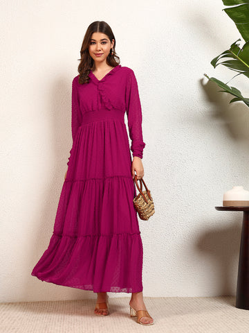 Magenta Georgette Dobby Smocking Tiered Maxi Womens Dress
