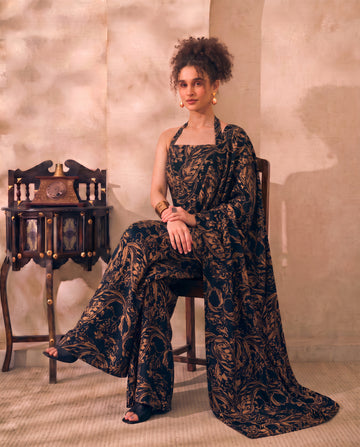 Black Printed Halter Neck Kurti Palazzo With Dupatta Indo Western Women Set