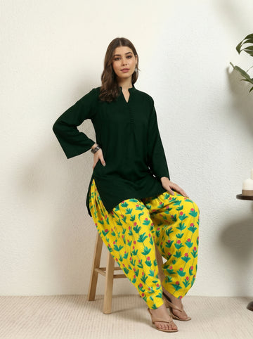 Dark Green Cotton Kurta With Multicolor Floral Printed Salwaar Pants Women Co-ord Set