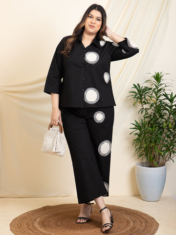 Black Cotton One Side Patch Work Women Plus Size Co-Ord Set