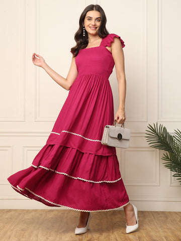 Magenta Tiered Smocked Women Maxi Dress