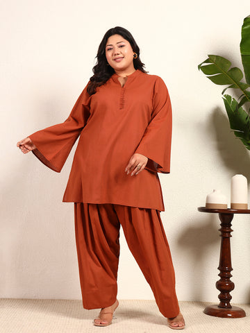 Brown Cotton Flex Solid Mandarin Collar Kurta With Salwar Pant Women Plus Size Co-Ord Set