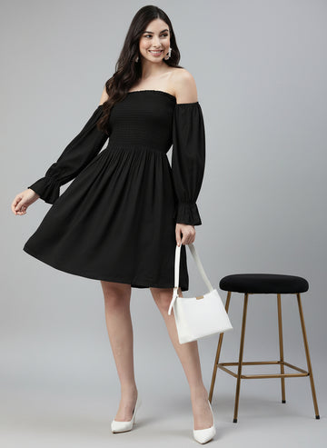 Off Shoulder Solid Black Short Length Dress