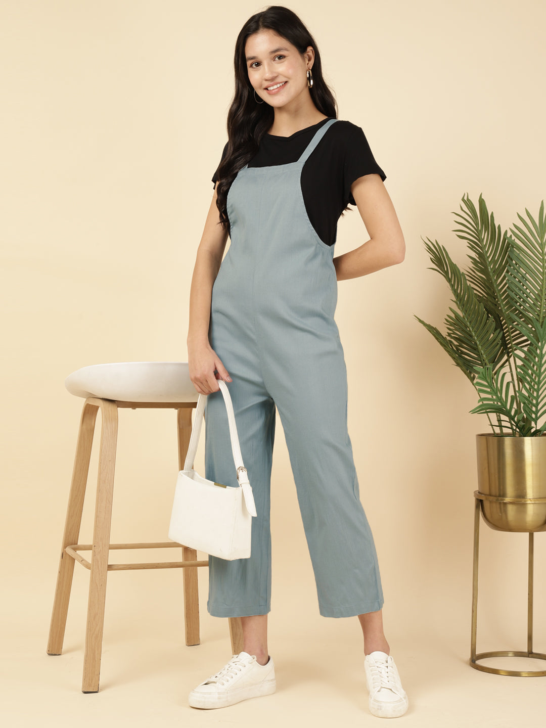 Grey Solid Women Dungarees Jumpsuit