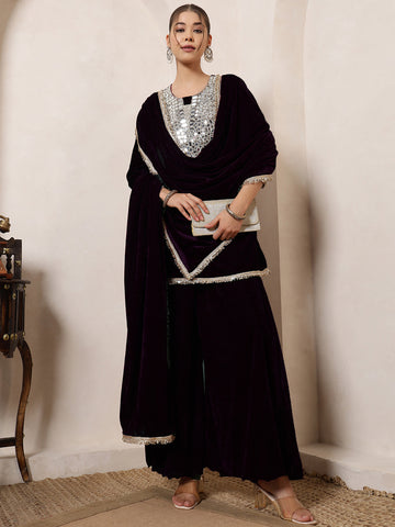 Velvet Black Kurti Embroidered Neck Patch Sharara With Dupatta Indo Western Women Co-Ord Set