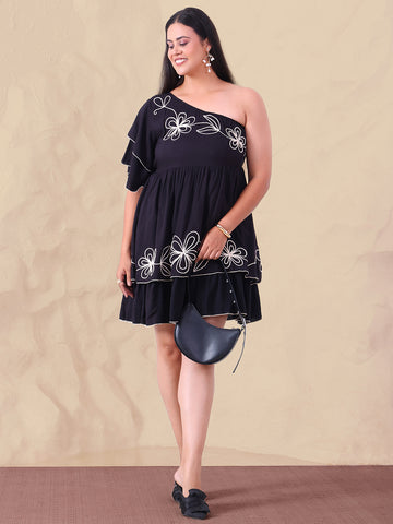 Asymmetric One Shoulder Embroidered Pure Rayon Tiered Dress