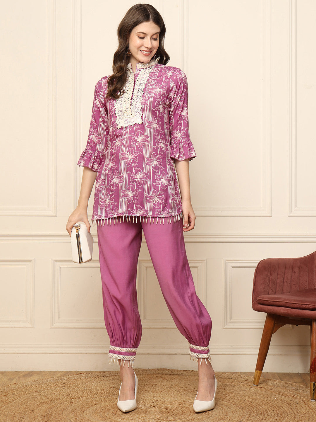 Lavender Printed Indo Western Women Co-Ord Set