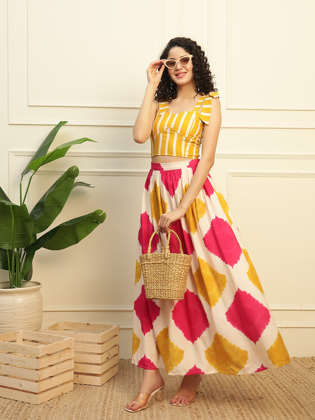 Yellow Striped Corset Style Top With Multi Colour Printed Skirt Women Co-ord Set