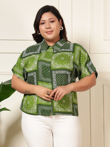 Olive Green Patch Printed Women Plus Size Shirt
