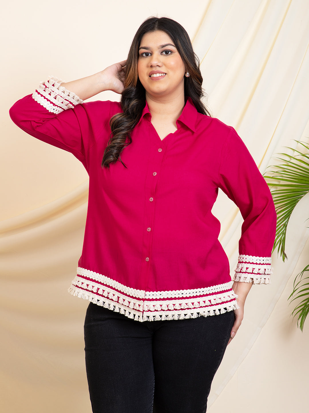 Lace Detailed Magenta Women Plus Size Shirt