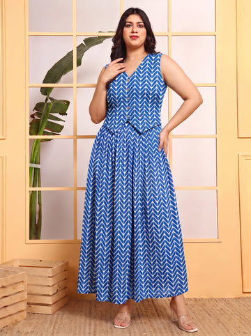 Blue Zig Zag Print Poly Blend Waistcoat With Skirt Women Plus Size Co-ord Set