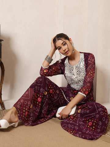 Wine Bandhani Kurti With Palazzo Indo Western Women Co-Ord Set