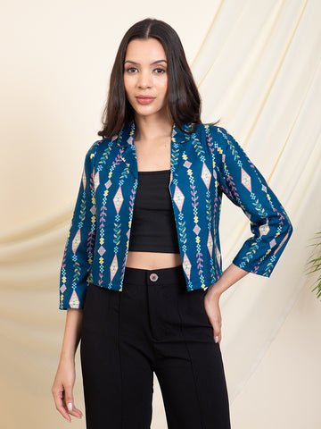 Teal Blue Printed Women Shrug