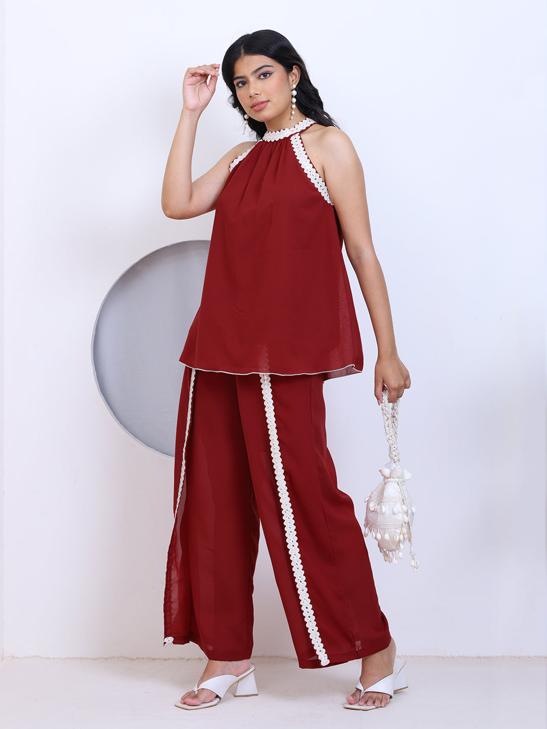 Maroon Georgette Ethnic Indo Western Women Co-Ord Set