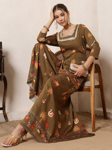 Olive Green Animal Printed Kurti With Palazzo Indo Western Women Co-Ord Set