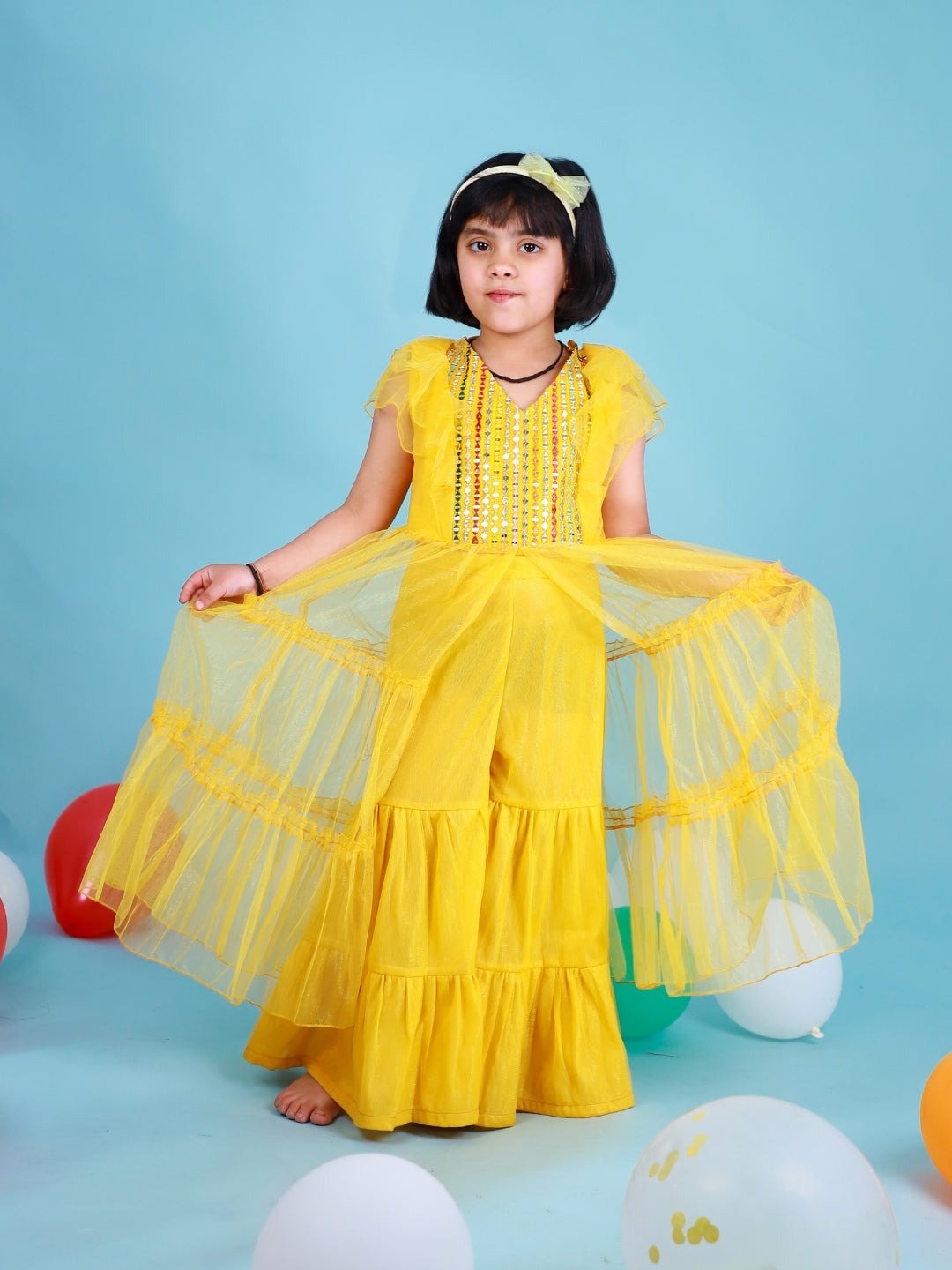 Embroidered Yellow Net Co-Ord For Girls