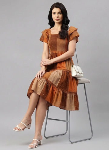 Multicolor Patch Print Cotton Tiered Women's Dress
