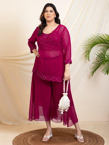 Embroidered Magenta Indo Western Women Plus Size Set