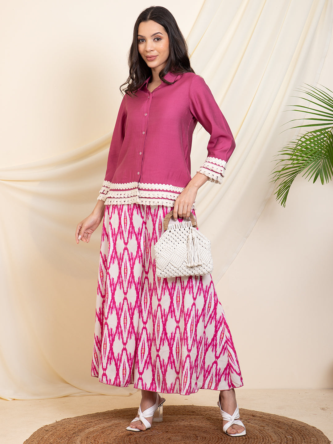 Lavender Shirt With Printed Palazzos Women Co-Ord Set