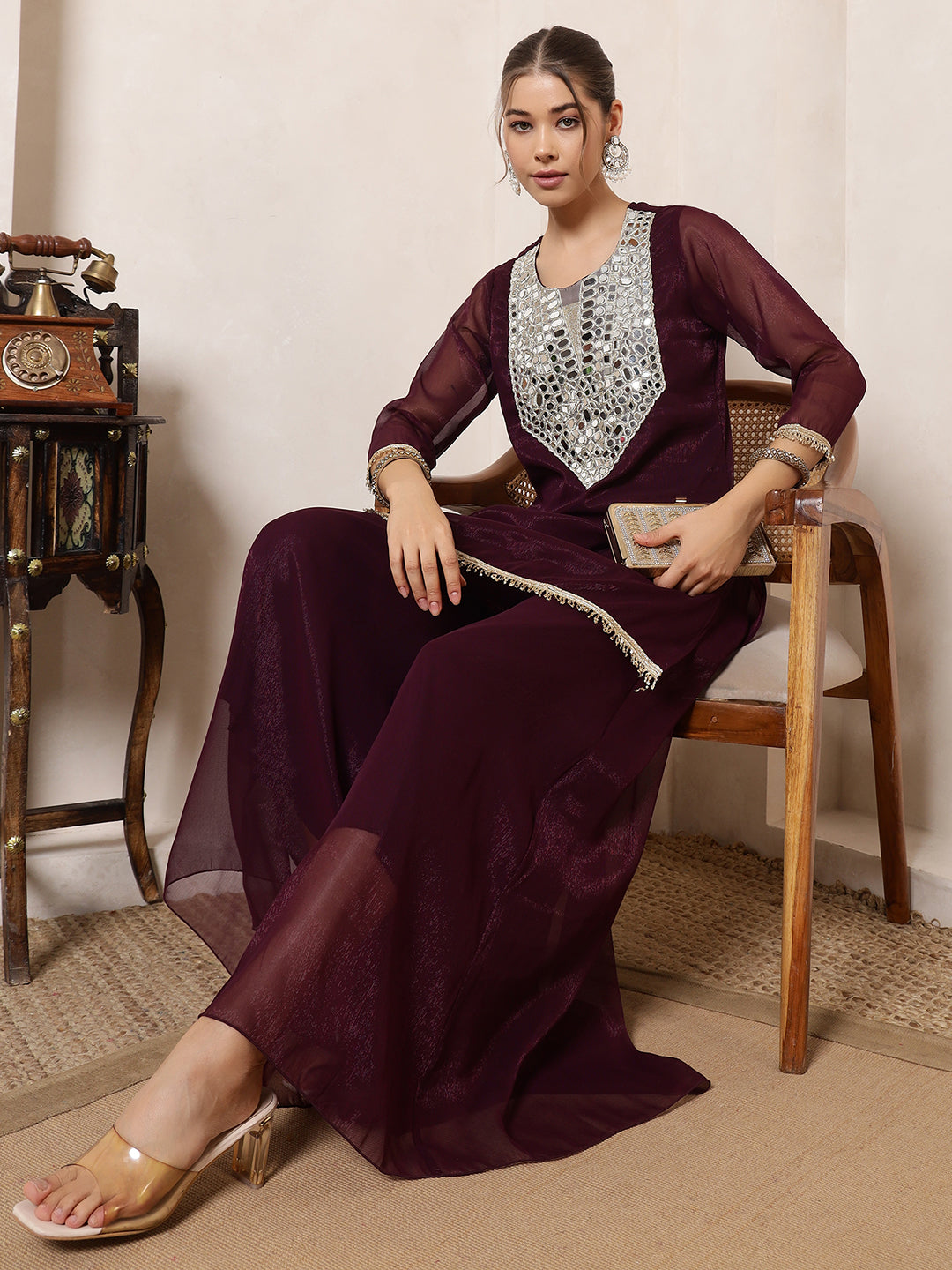 Wine Shimmer Embroidered Neck Patch Kurta With Palazzo Indo Western Women Co-Ord Set