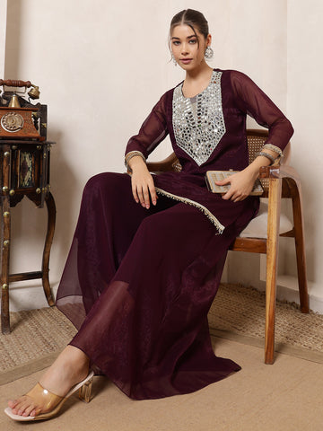 Wine Shimmer Embroidered Neck Patch Kurta With Palazzo Indo Western Women Co-Ord Set