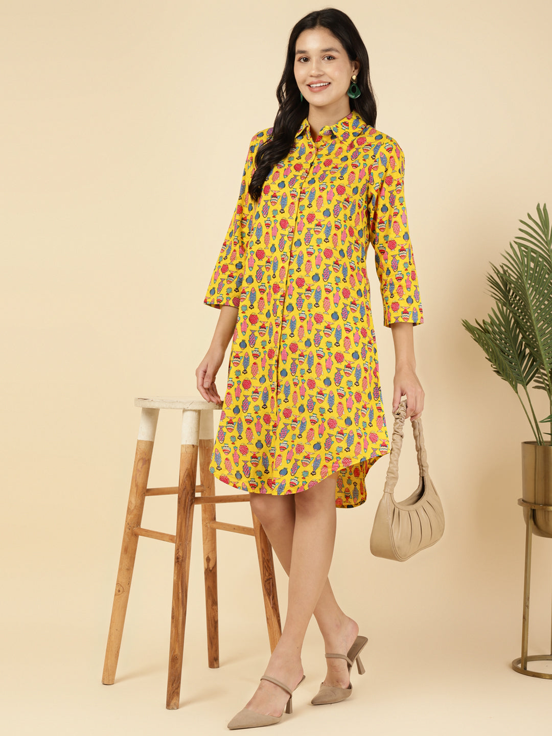 Yellow Printed Women Shirt Dress