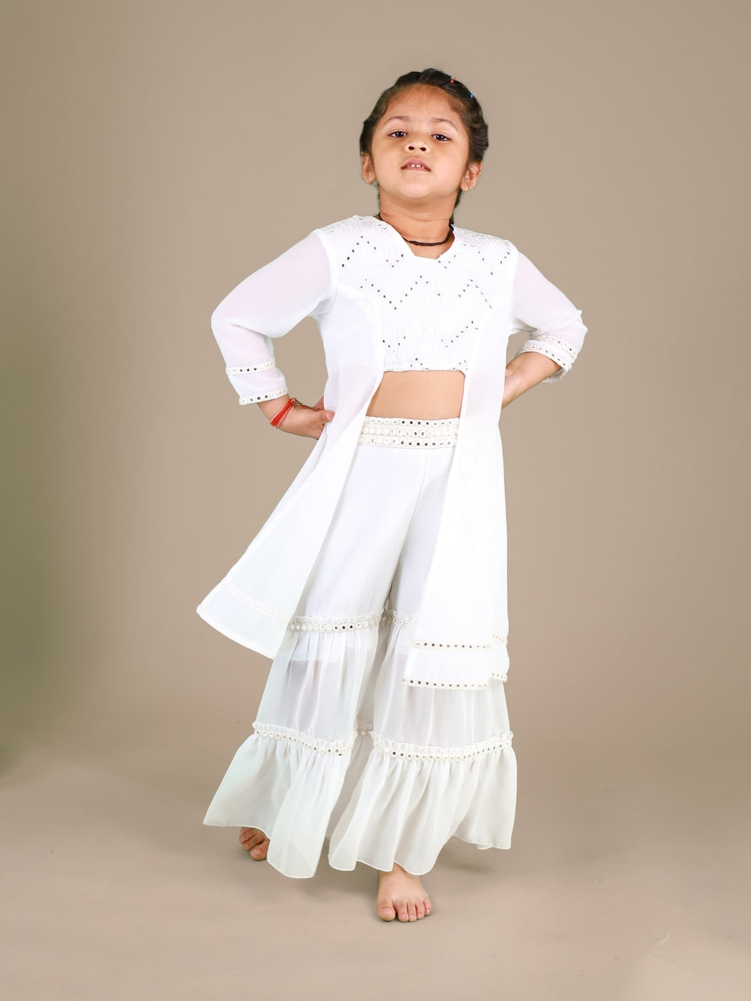 White Embroidered Co-Ord Set For Girls