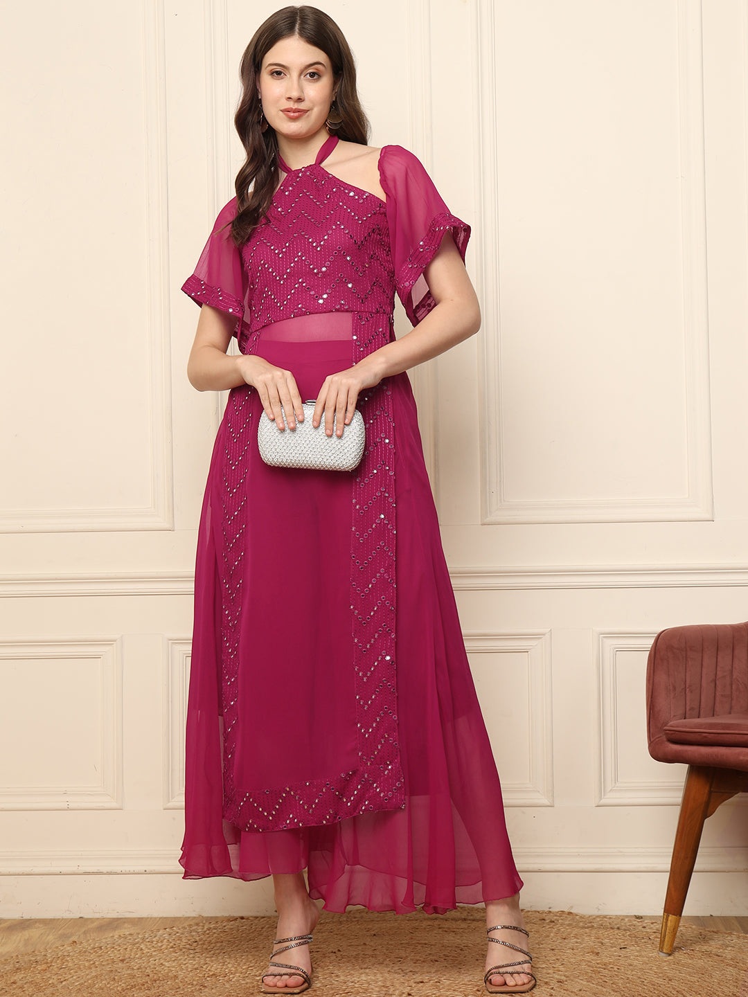 Magenta Embroidered Top With Palazzo Ethnic Indo Western Co-Ord Set