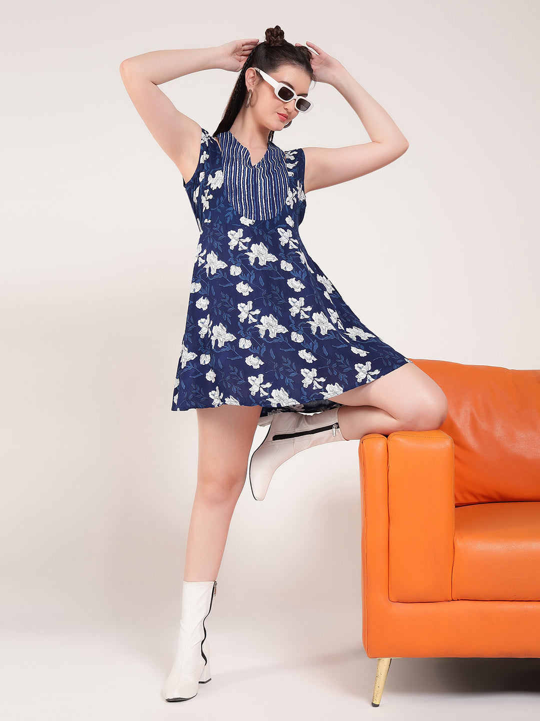 Blue Indigo Floral With Stripe Women Short Dress