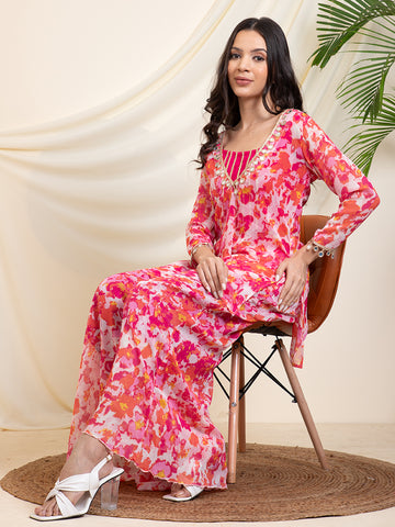 Magenta Abstract Printed Indo-Western Women Set